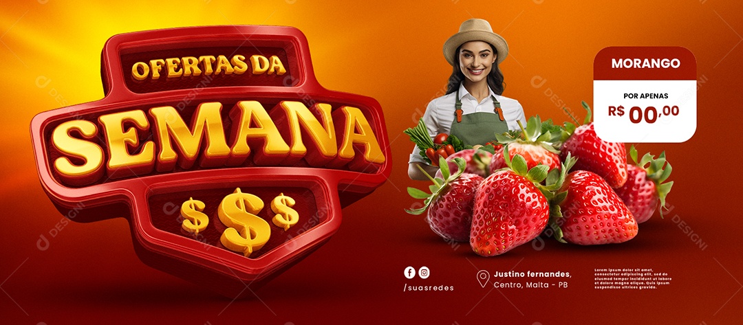 Banner Ofertas da Semana Hortifruti Morango Social Media PSD Editável