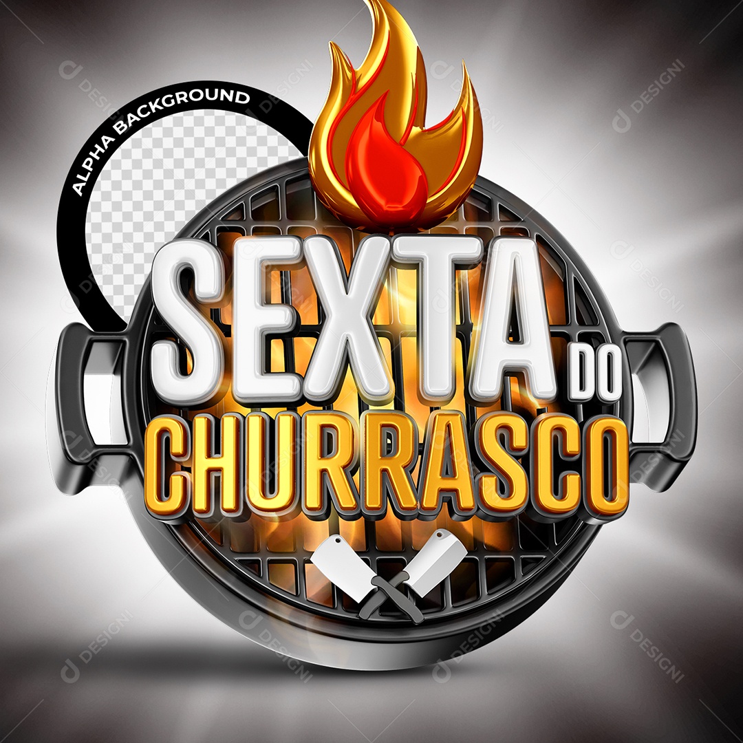 Sexta do Churrasco Selo 3D Branco e Dourado para Composição PSD