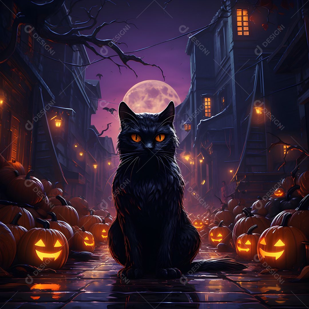 Fundo de Halloween com gato preto e abóboras