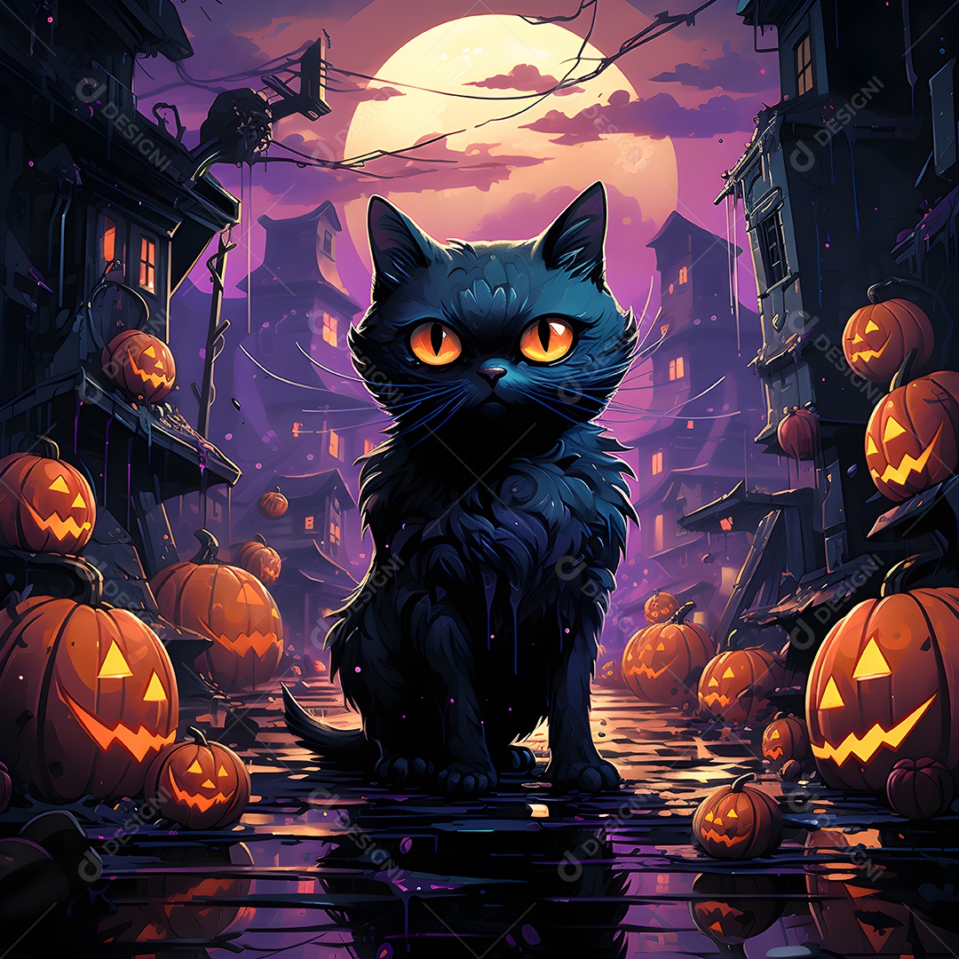 Fundo de Halloween com gato preto e abóboras