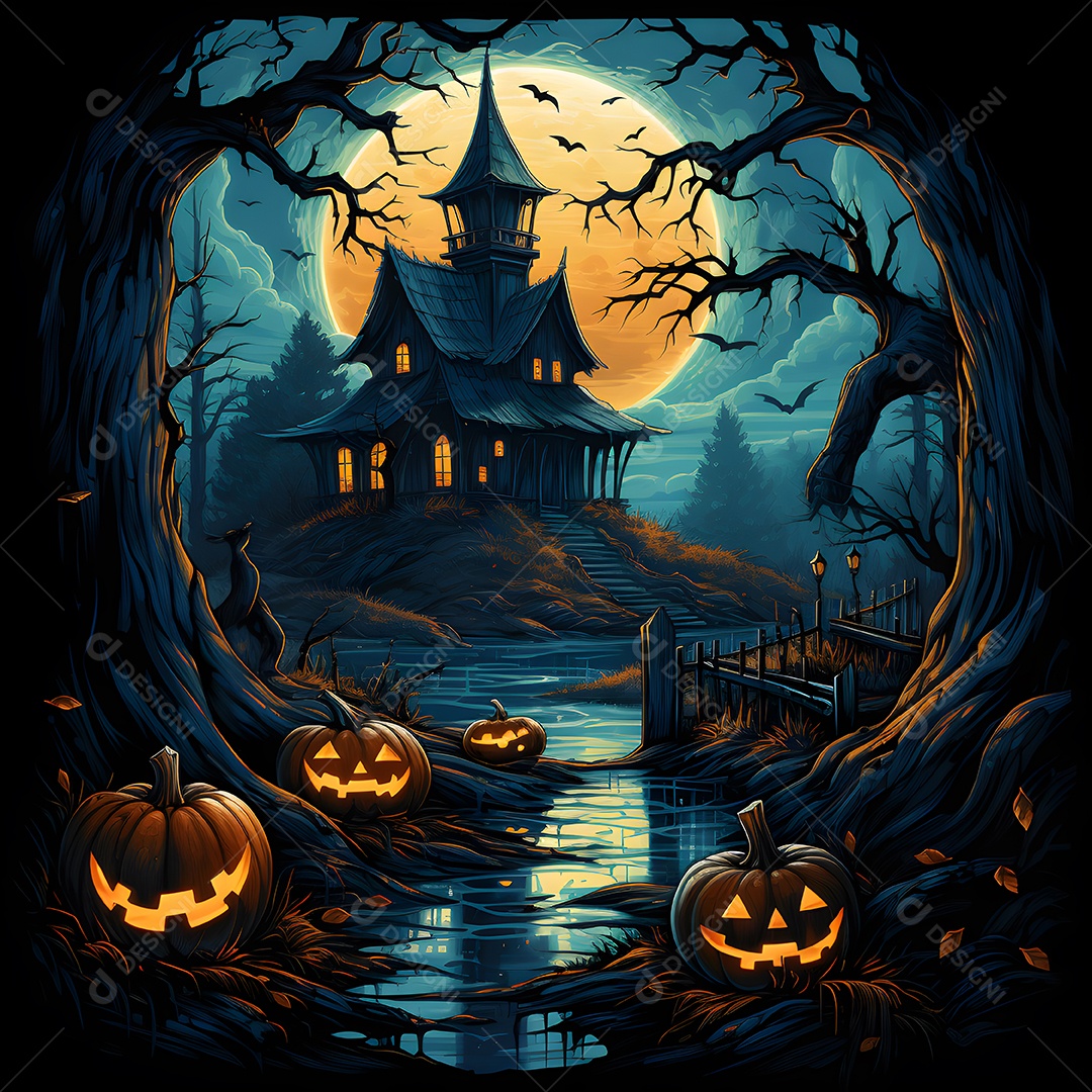 Fundo de Halloween com casa assombrada e abóboras