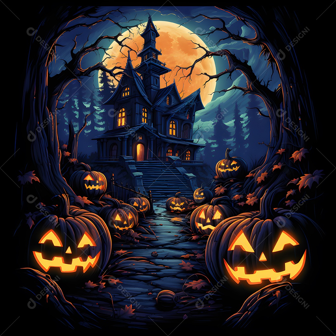 Fundo de Halloween com casa assombrada com abóboras