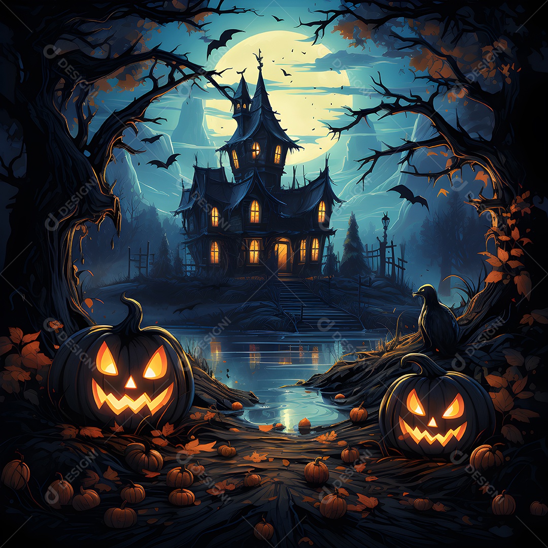 Fundo de Halloween com casa assombrada, abóboras e árvores