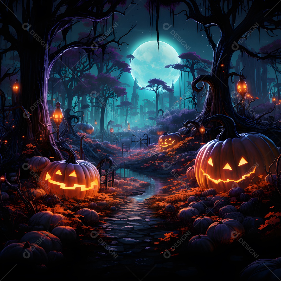Fundo de Halloween com abóboras e árvores na floresta à noite