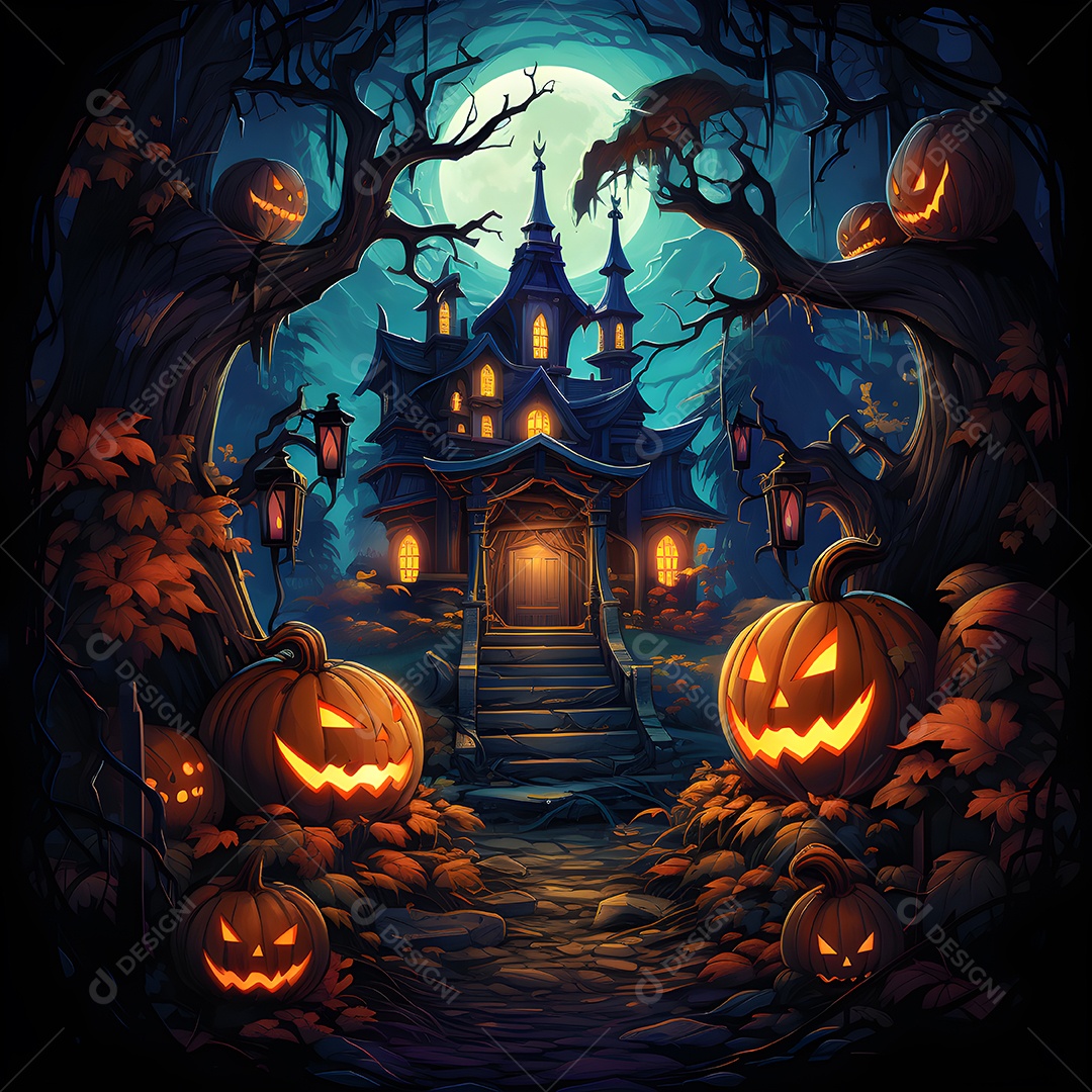 Fundo de Halloween com abóboras e árvores na floresta à noite