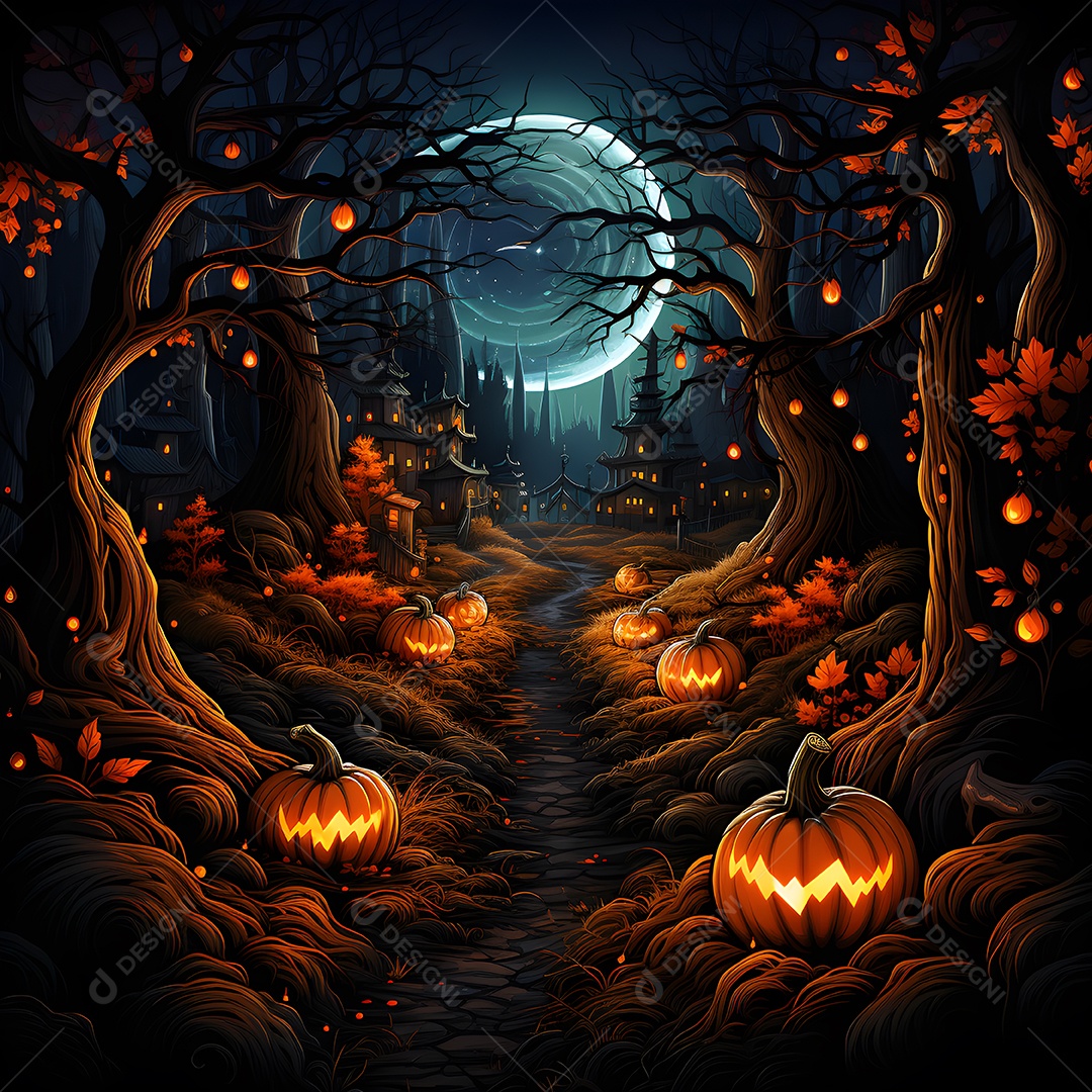 Fundo de Halloween com abóboras e árvores na floresta à noite