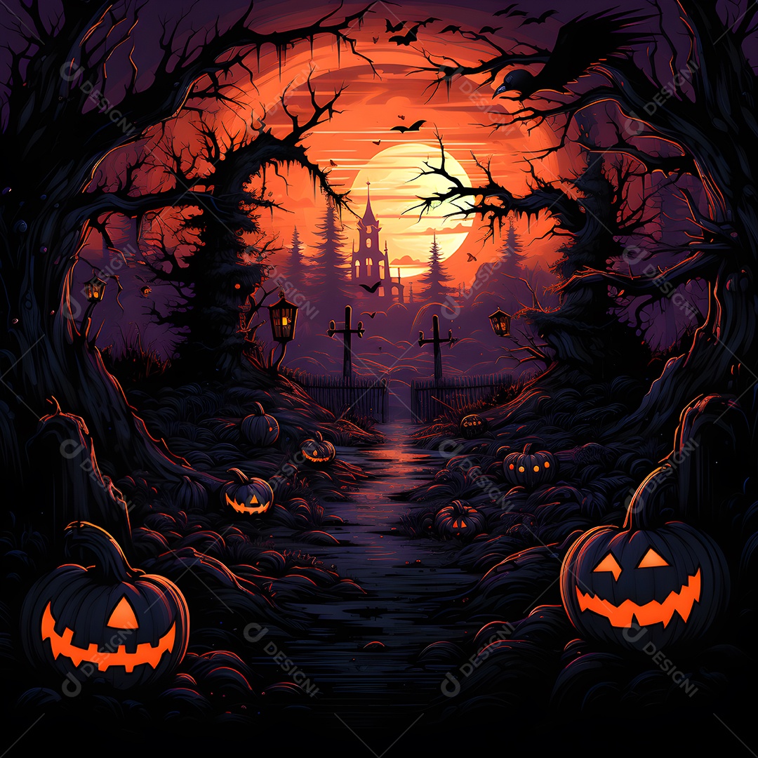 Fundo de Halloween com abóboras e árvores na floresta à noite