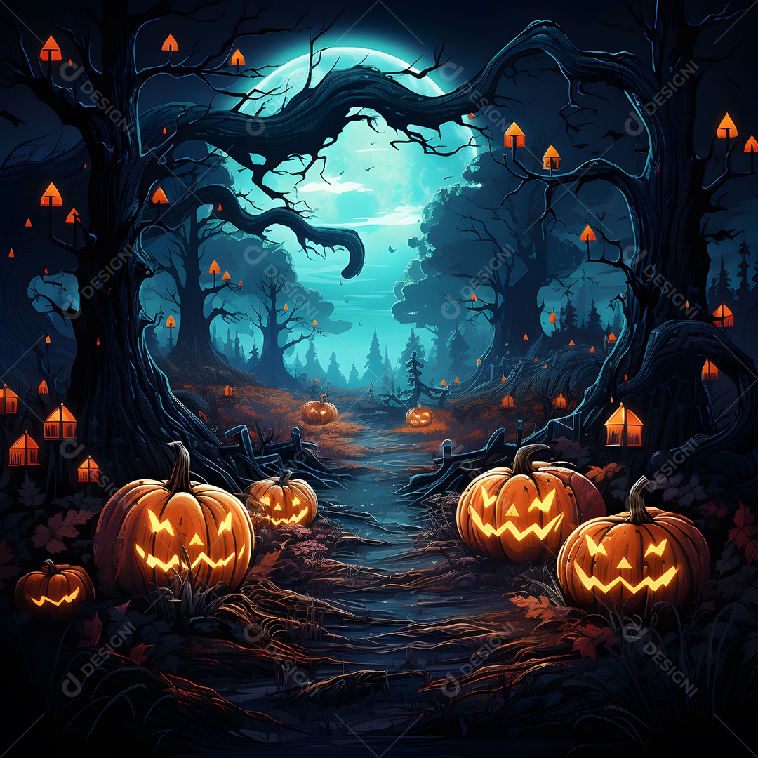 Fundo de Halloween com abóboras e árvores na floresta à noite