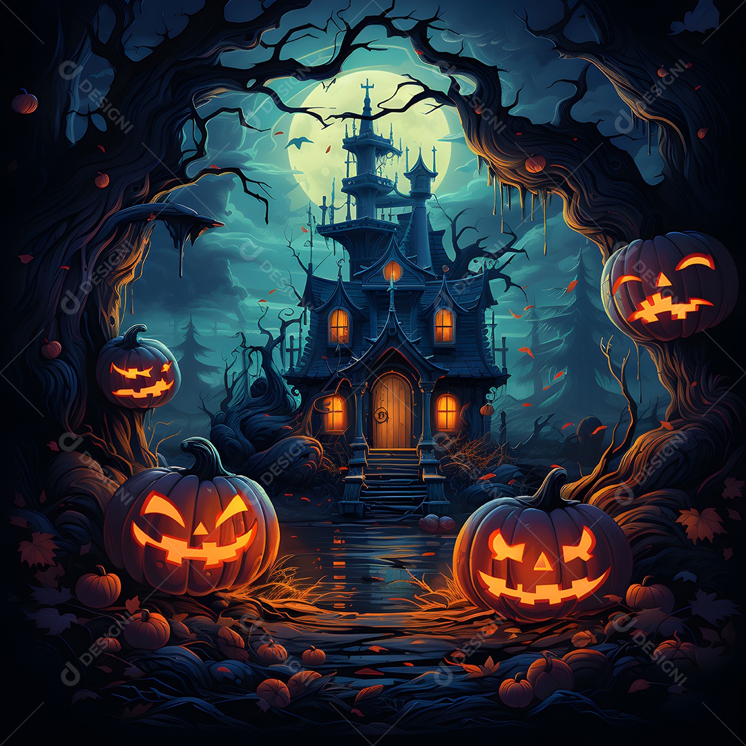 Fundo de Halloween com abóboras e árvores na floresta à noite