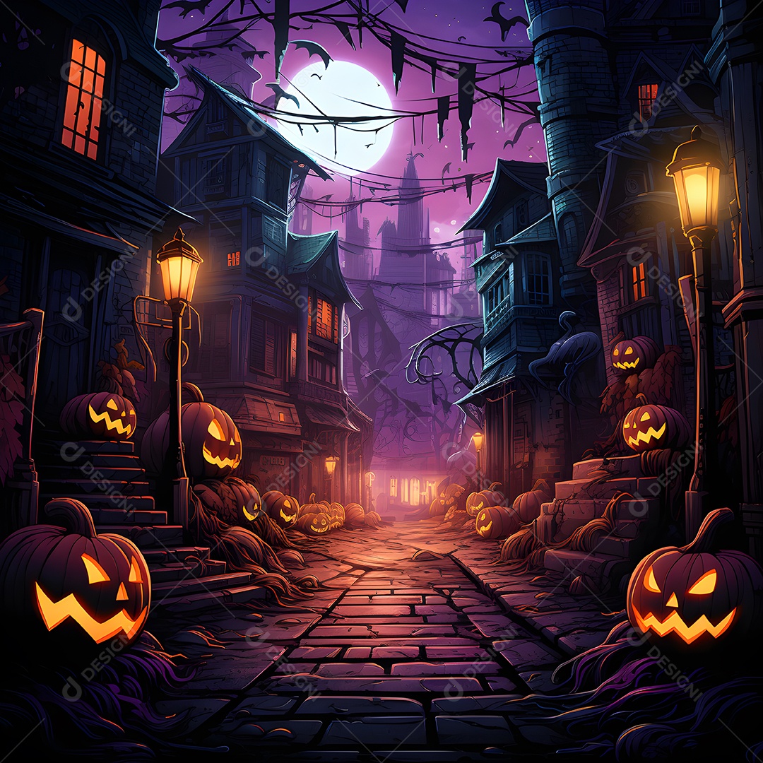 Fundo de Halloween com abóboras e árvores na floresta à noite