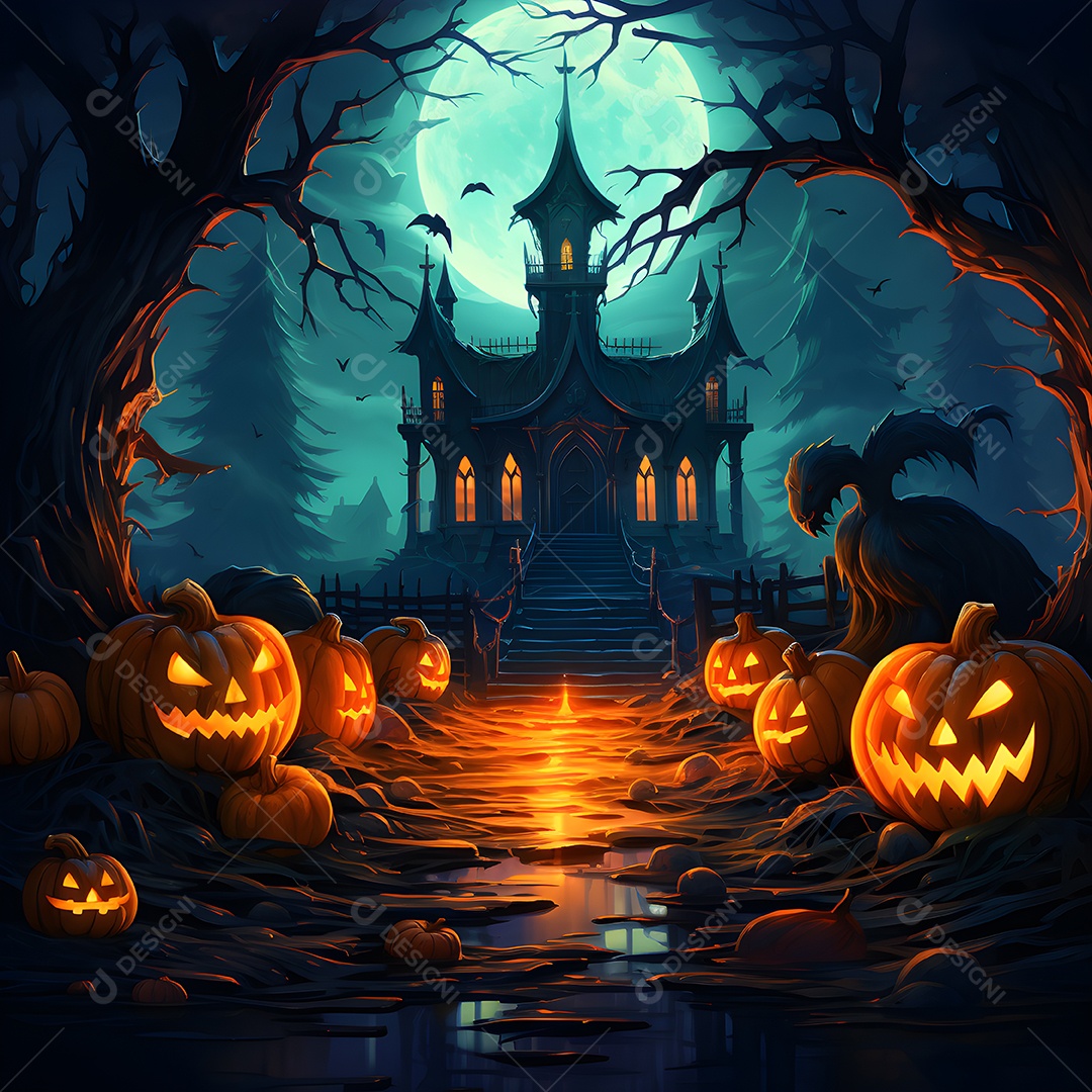 Fundo de Halloween com abóboras e árvores na floresta à noite