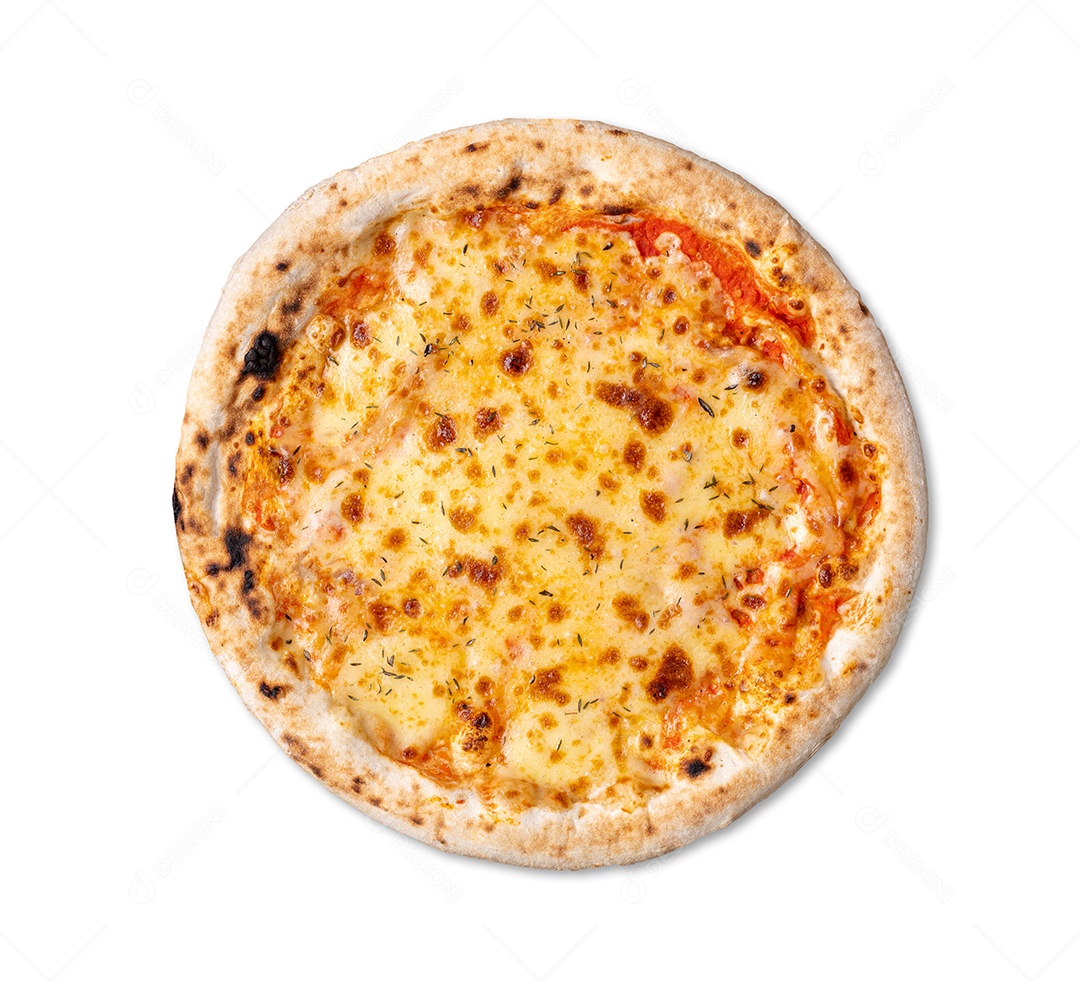 Pizza estilo queijo mussarela isolada sobre fundo branco.