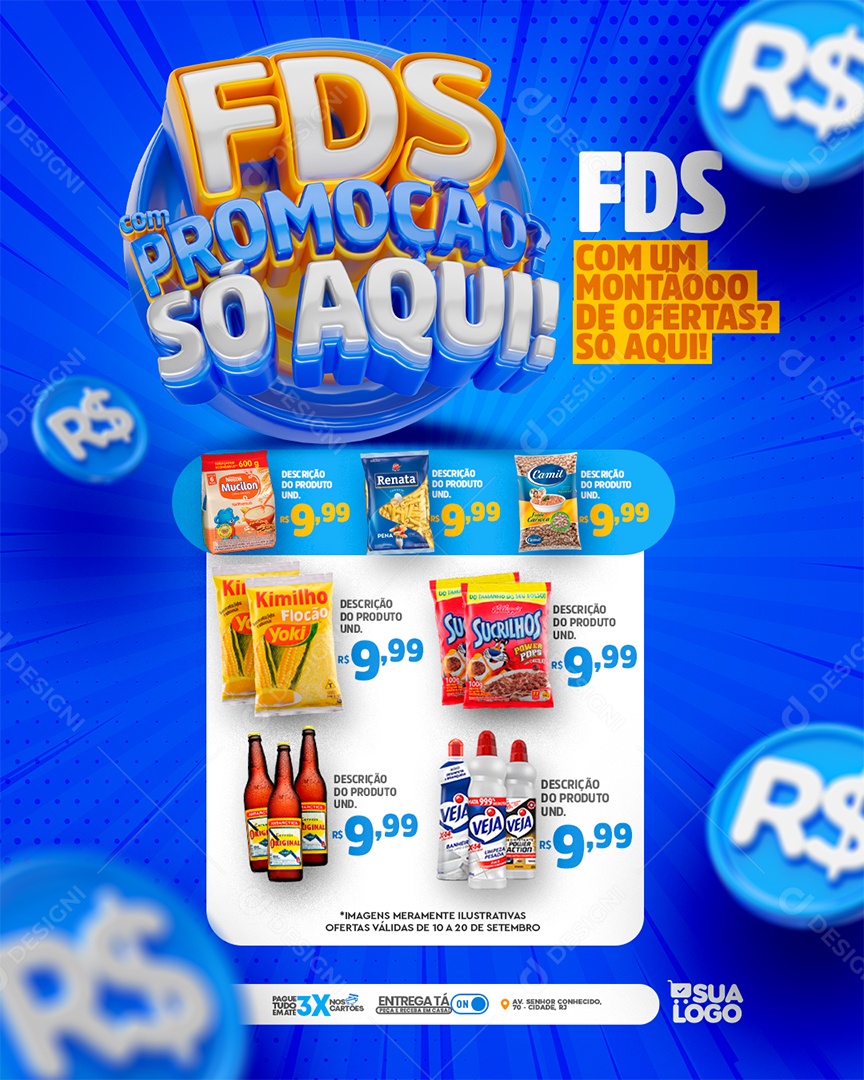 Encarte FDS com Promoção só Aqui Supermercado Produtos Social Media PSD Editável