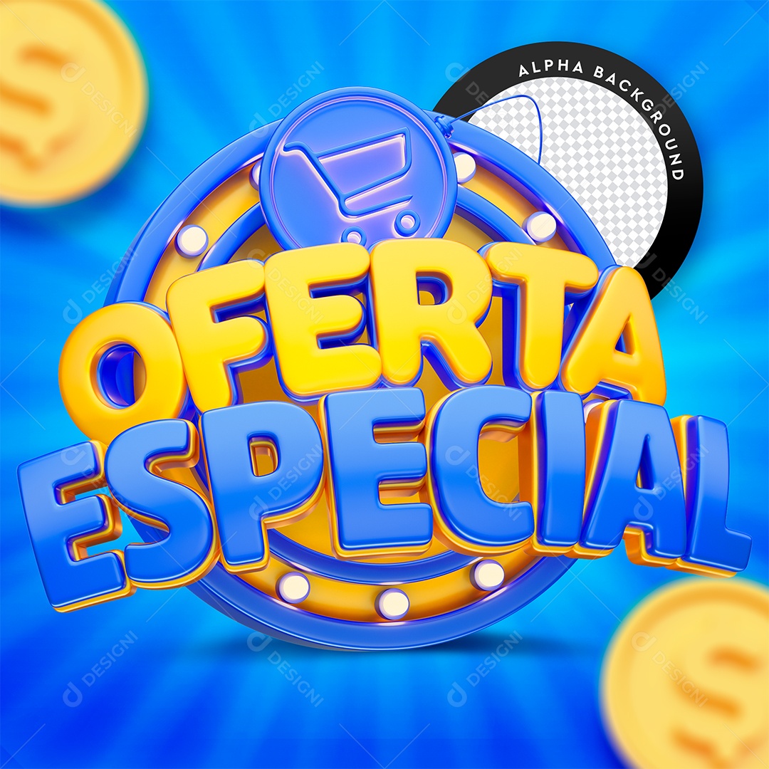 Oferta Especial Selo 3D Dourado e Azul para Composição PSD