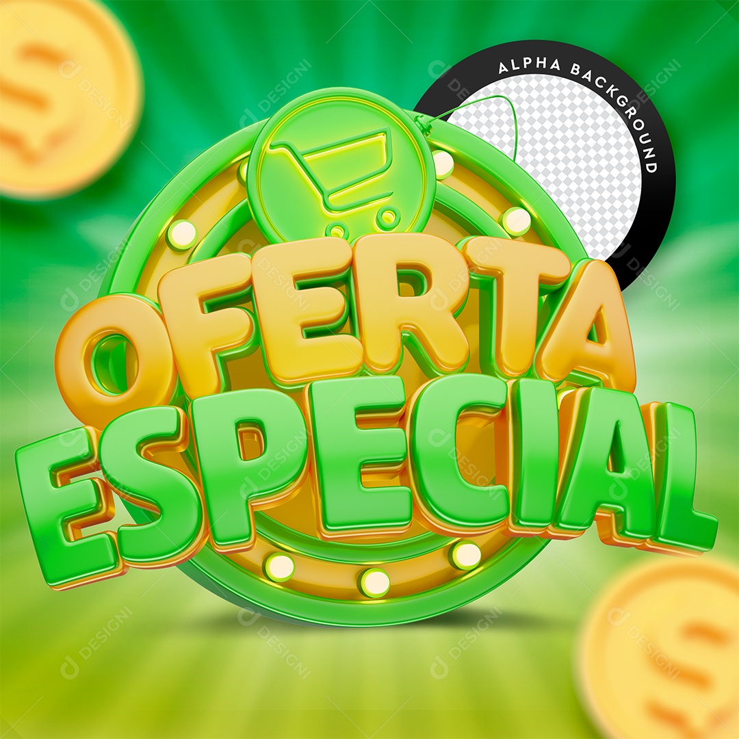 Oferta Especial Selo 3D Dourado e Verde para Composição PSD