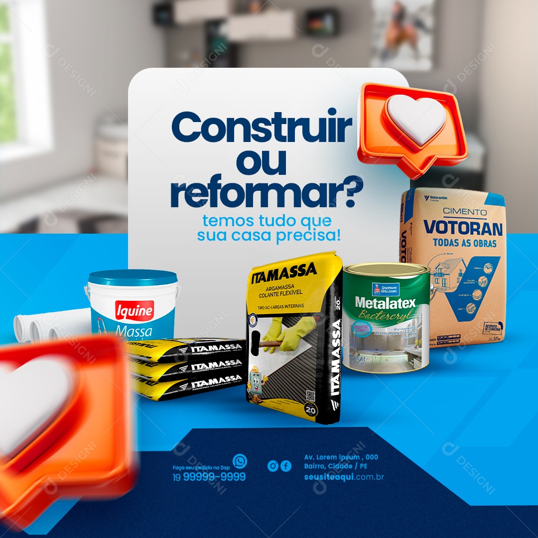 Materiais De Construção Acabamento Construir ou Reformar Tinta Cimento Argamassa Canos Social Media PSD Editável