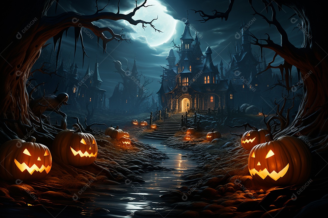 Fundo de Halloween com abóboras e casa assombrada - renderização 3D. Fundo de Halloween com abóbora malvada. Floresta noturna assustadora e assustadora