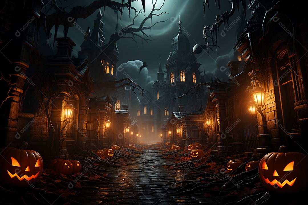 Fundo de Halloween com abóboras e casa assombrada - renderização 3D. Fundo de Halloween com abóbora malvada. Floresta noturna assustadora e assustadora