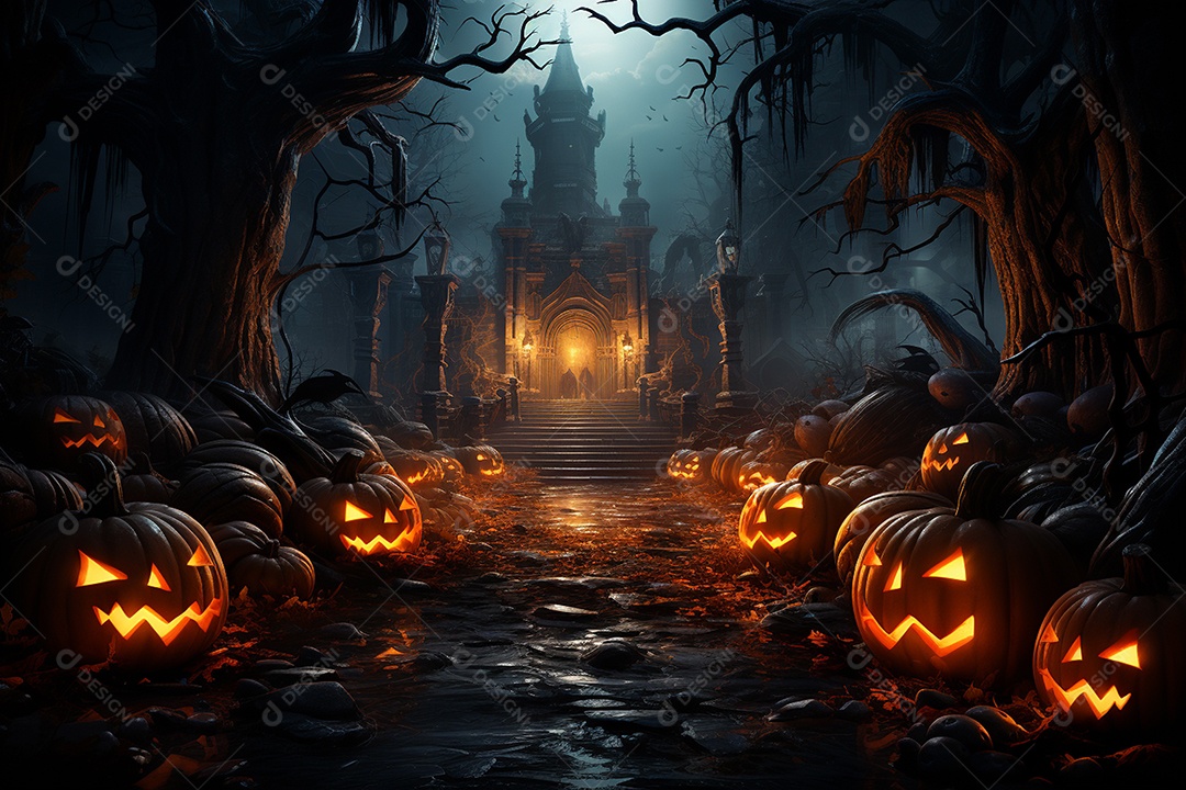 Fundo de Halloween com abóboras e casa assombrada - renderização 3D. Fundo de Halloween com abóbora malvada. Floresta noturna assustadora e assustadora