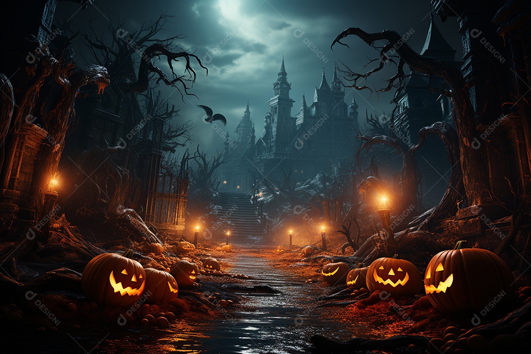 Fundo de Halloween com abóboras e casa assombrada - renderização 3D. Fundo de Halloween com abóbora malvada. Floresta noturna assustadora e assustadora