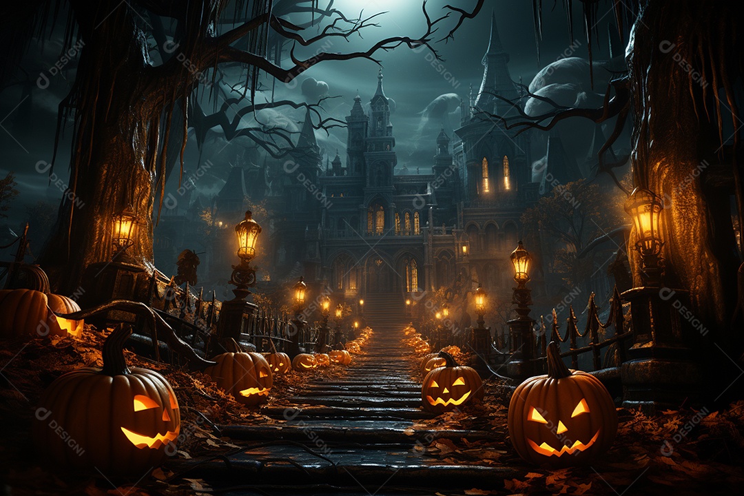 Fundo de Halloween com abóboras e casa assombrada - renderização 3D. Fundo de Halloween com abóbora malvada. Floresta noturna assustadora e assustadora