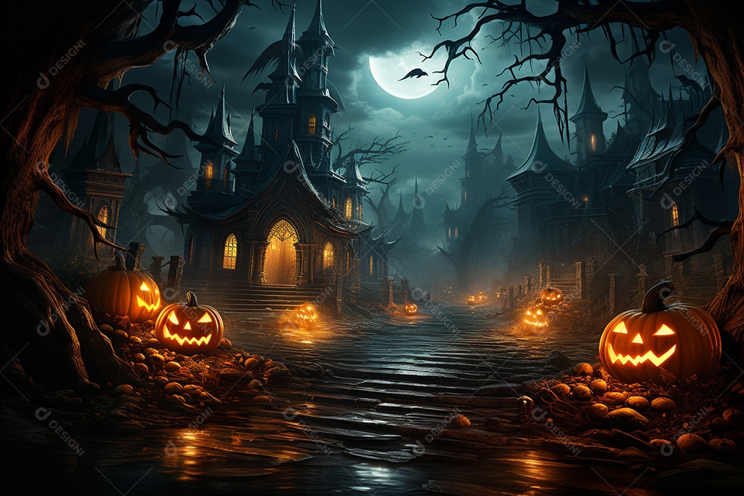Fundo de Halloween com abóboras e casa assombrada - renderização 3D. Fundo de Halloween com abóbora malvada. Floresta noturna assustadora e assustadora