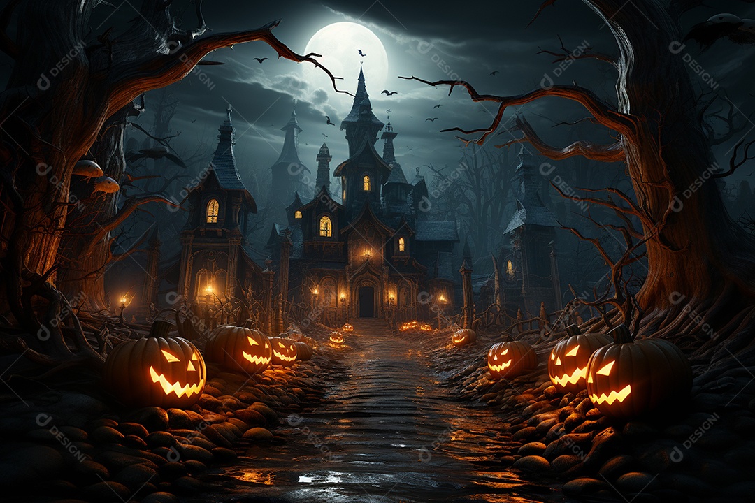 Fundo de Halloween com abóboras e casa assombrada - renderização 3D. Fundo de Halloween com abóbora malvada. Floresta noturna assustadora e assustadora