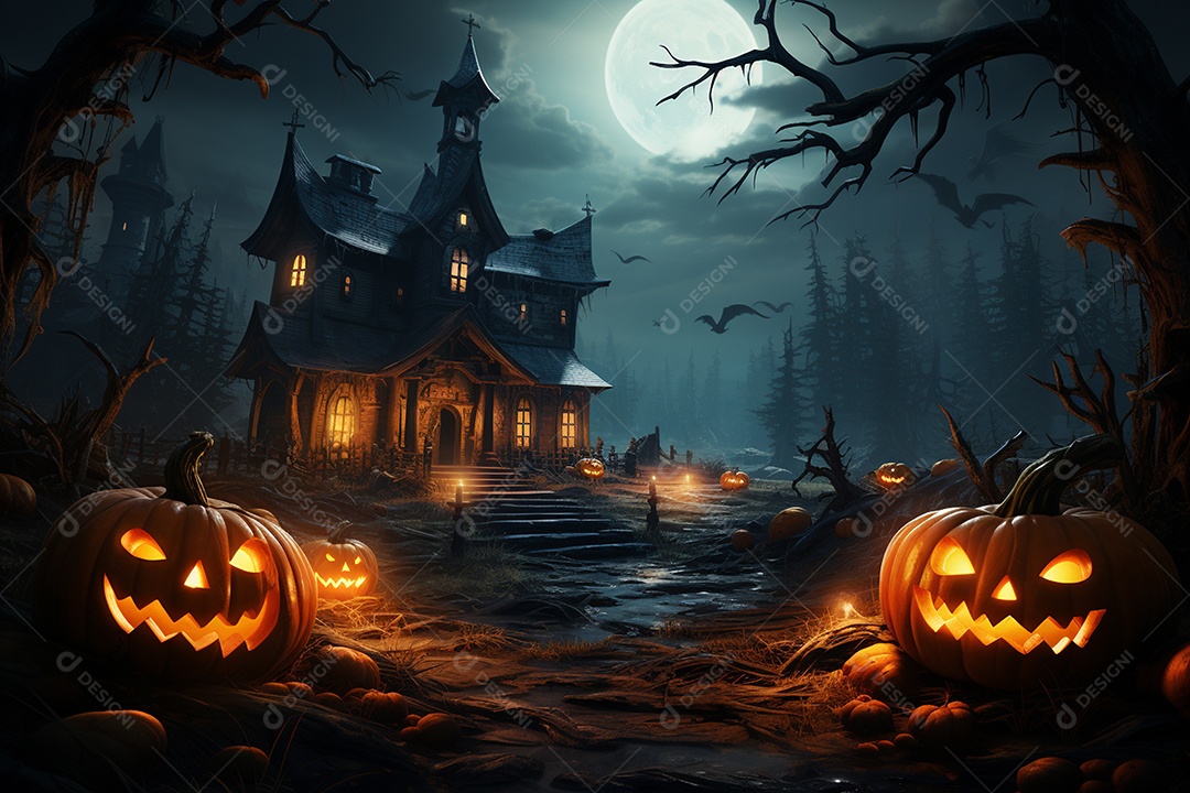 Fundo de Halloween com abóboras e casa assombrada - renderização 3D. Fundo de Halloween com abóbora malvada. Floresta noturna assustadora e assustadora