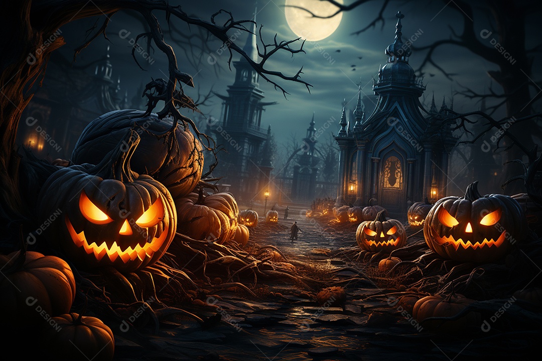 Fundo de Halloween com abóboras e casa assombrada - renderização 3D. Fundo de Halloween com abóbora malvada. Floresta noturna assustadora e assustadora