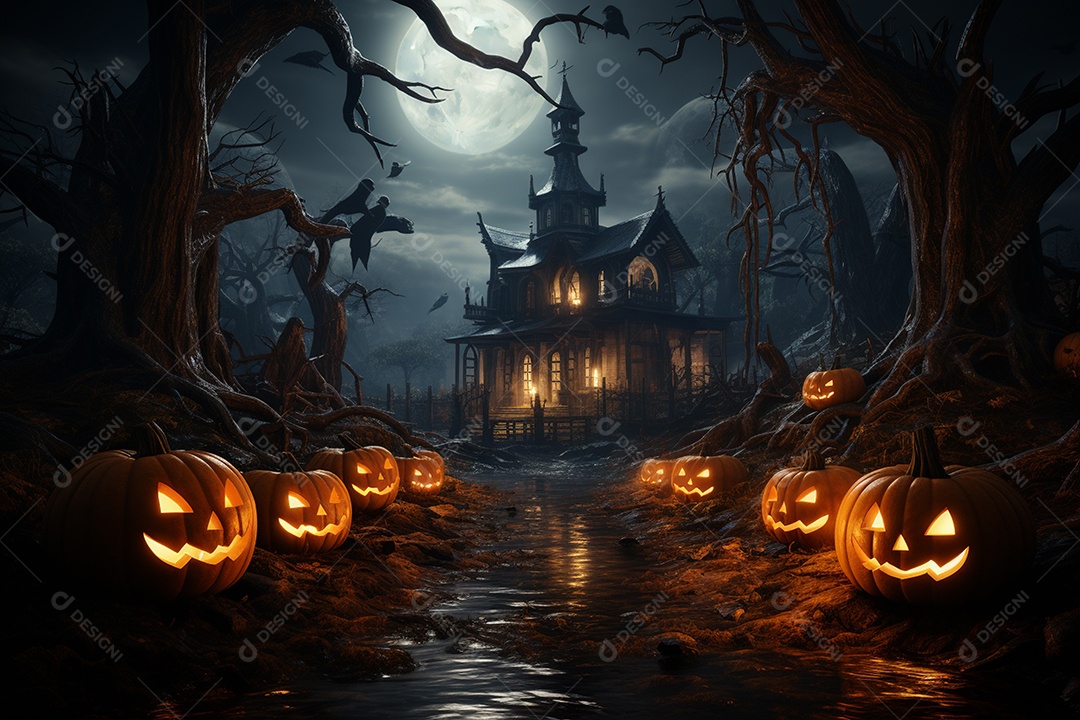Fundo de Halloween com abóboras e casa assombrada - renderização 3D. Fundo de Halloween com abóbora malvada. Floresta noturna assustadora e assustadora