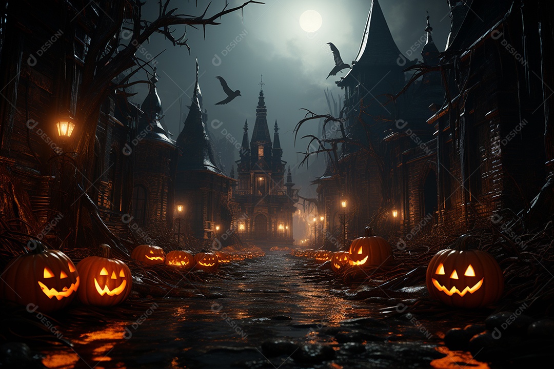 Fundo de Halloween com abóboras e casa assombrada - renderização 3D. Fundo de Halloween com abóbora malvada. Floresta noturna assustadora e assustadora