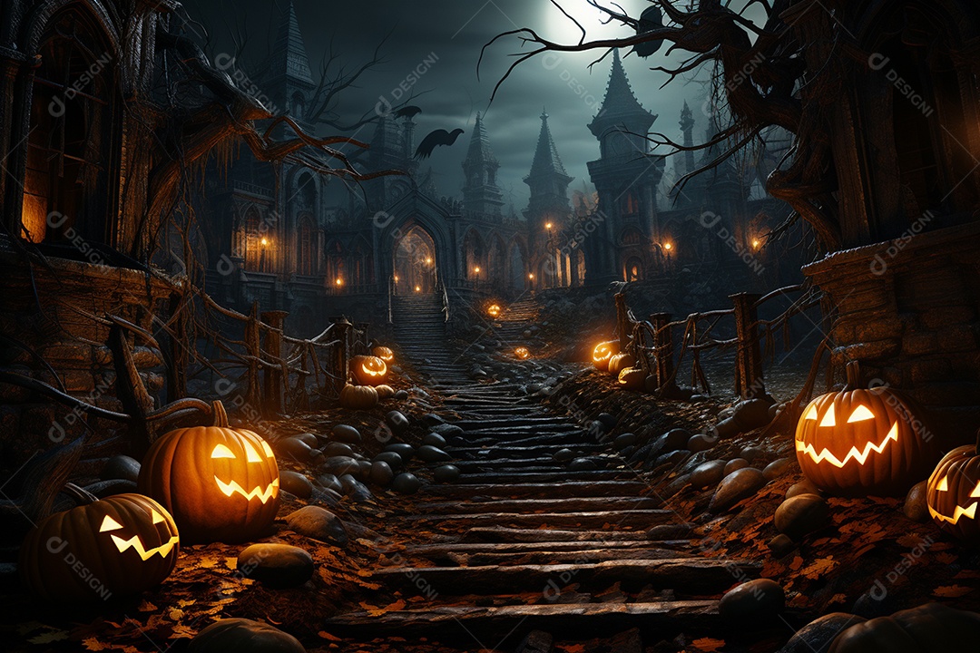 Fundo de Halloween com abóboras e casa assombrada - renderização 3D. Fundo de Halloween com abóbora malvada. Floresta noturna assustadora e assustadora