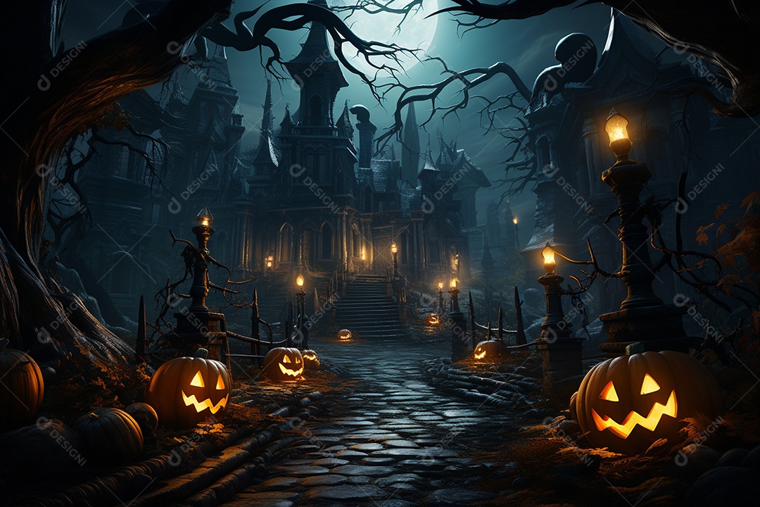 Fundo de Halloween com abóboras e casa assombrada - renderização 3D. Fundo de Halloween com abóbora malvada. Floresta noturna assustadora e assustadora