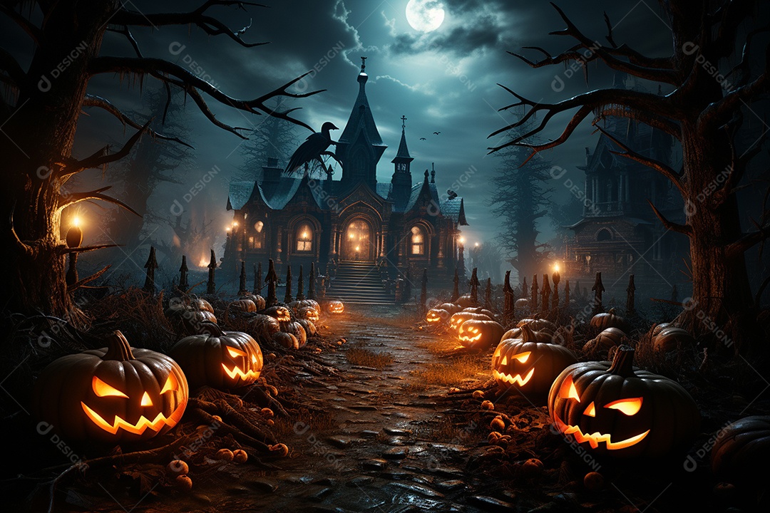 Fundo de Halloween com abóboras e casa assombrada - renderização 3D. Fundo de Halloween com abóbora malvada. Floresta noturna assustadora e assustadora