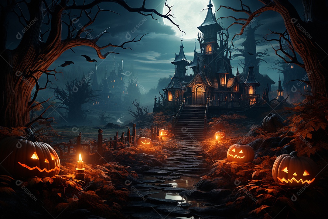 Fundo de Halloween com abóboras e casa assombrada - renderização 3D. Fundo de Halloween com abóbora malvada. Floresta noturna assustadora e assustadora