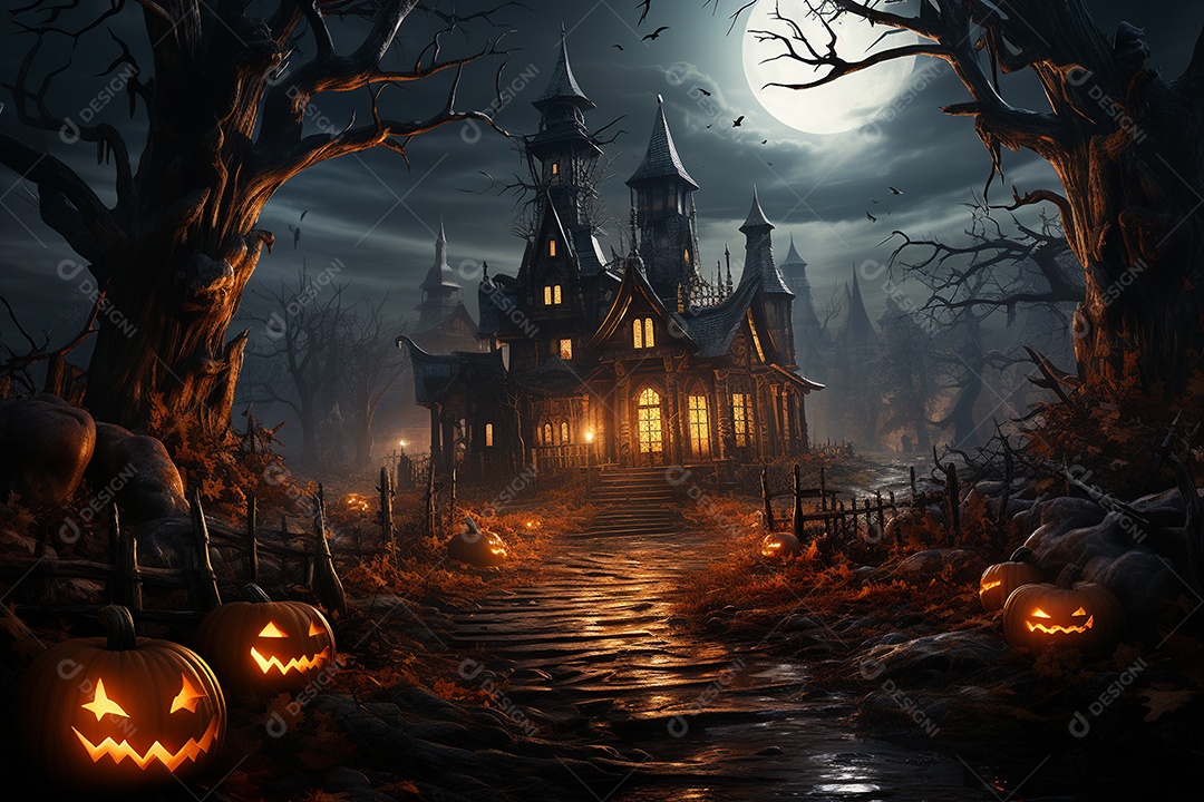 Fundo de Halloween com abóboras e casa assombrada - renderização 3D. Fundo de Halloween com abóbora malvada. Floresta noturna assustadora e assustadora