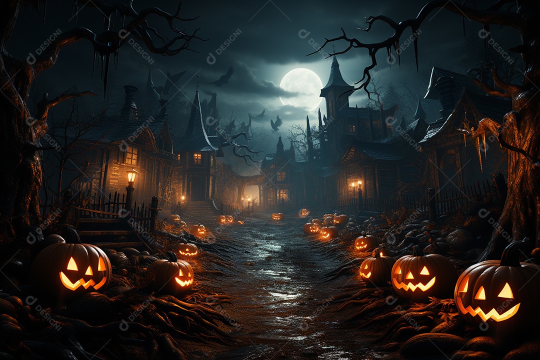 Fundo de Halloween com abóboras e casa assombrada - renderização 3D. Fundo de Halloween com abóbora malvada. Floresta noturna assustadora e assustadora