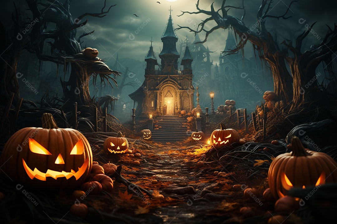 Fundo de Halloween com abóboras e casa assombrada - renderização 3D. Fundo de Halloween com abóbora malvada. Floresta noturna assustadora e assustadora