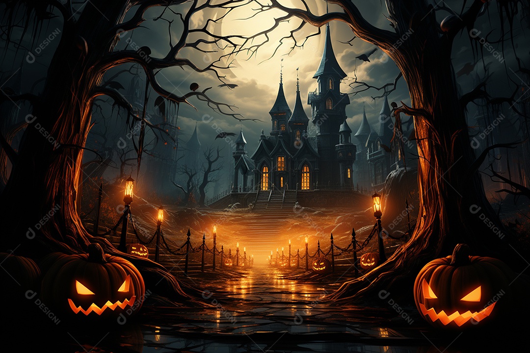 Fundo de Halloween com abóboras e casa assombrada - renderização 3D. Fundo de Halloween com abóbora malvada. Floresta noturna assustadora e assustadora