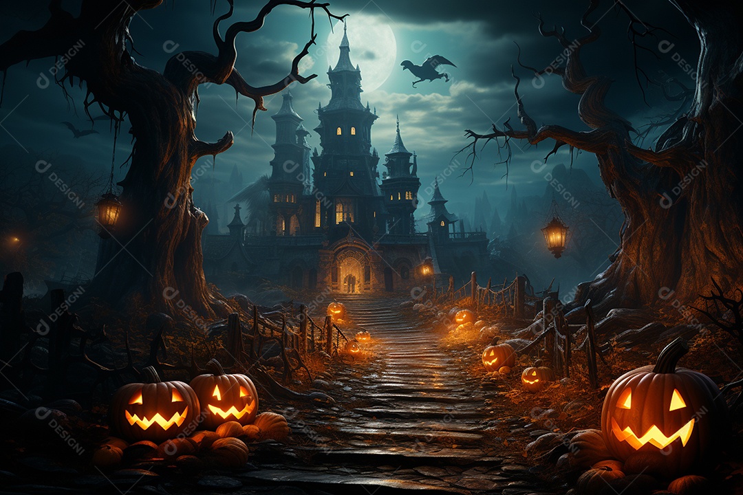 Fundo de Halloween com abóboras e casa assombrada - renderização 3D. Fundo de Halloween com abóbora malvada. Floresta noturna assustadora e assustadora