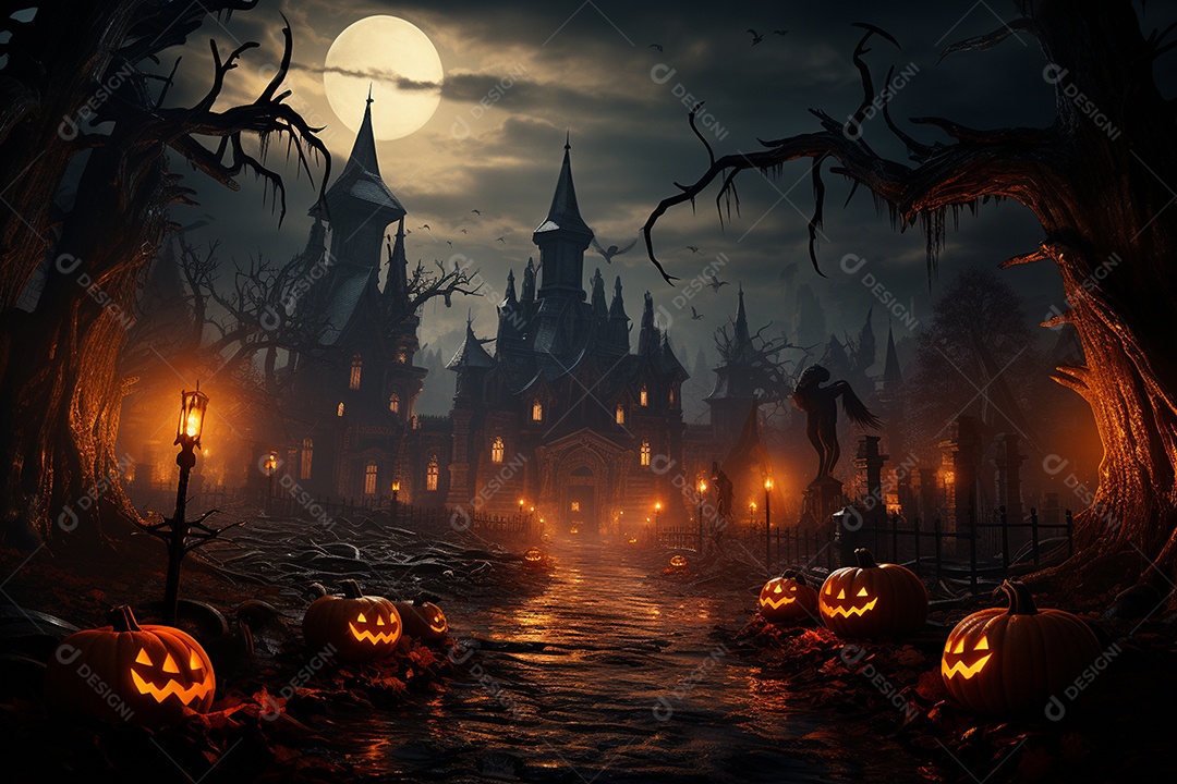 Fundo de Halloween com abóboras e casa assombrada - renderização 3D. Fundo de Halloween com abóbora malvada. Floresta noturna assustadora e assustadora
