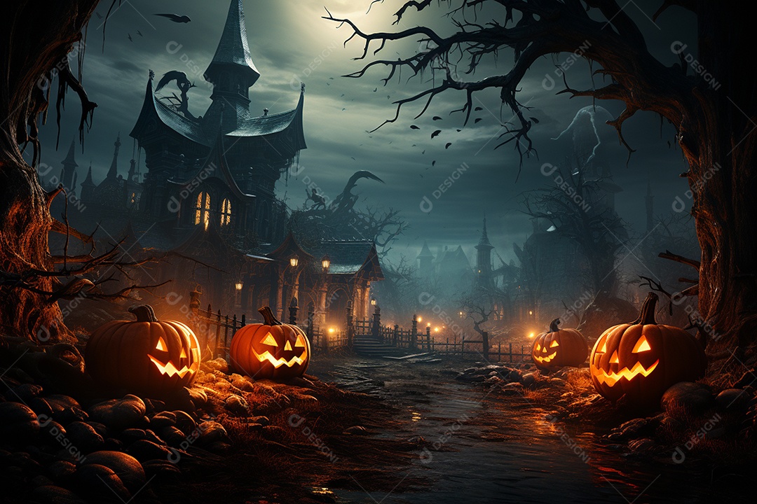 Fundo de Halloween com abóboras e casa assombrada - renderização 3D. Fundo de Halloween com abóbora malvada. Floresta noturna assustadora e assustadora