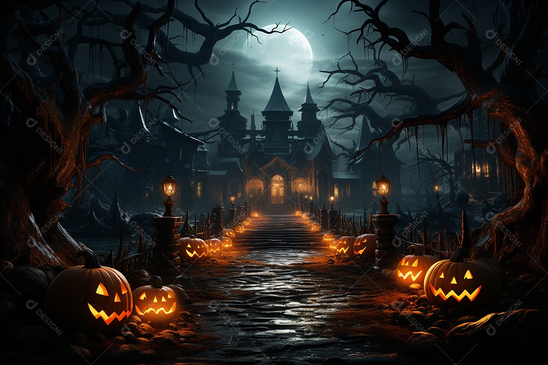 Fundo de Halloween com abóboras e casa assombrada - renderização 3D. Fundo de Halloween com abóbora malvada. Floresta noturna assustadora e assustadora