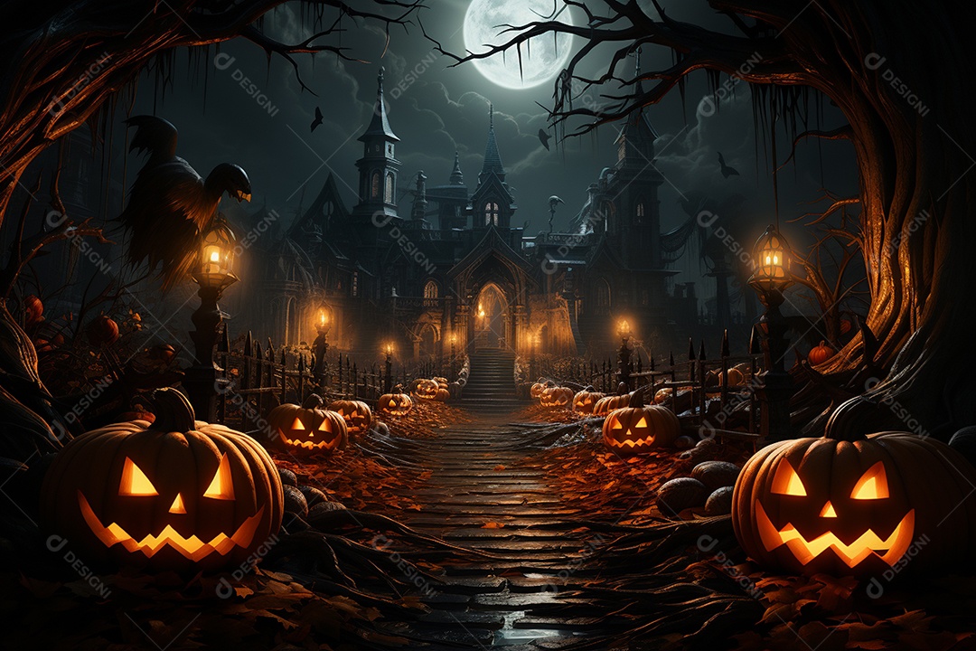 Halloween background with pumpkins and haunted house - 3D render. Halloween background with Evil Pumpkin. Spooky scary dark Night forrest. Holiday event halloween banner background concept realistic image, ultra hd, high design very detailed 8K00037