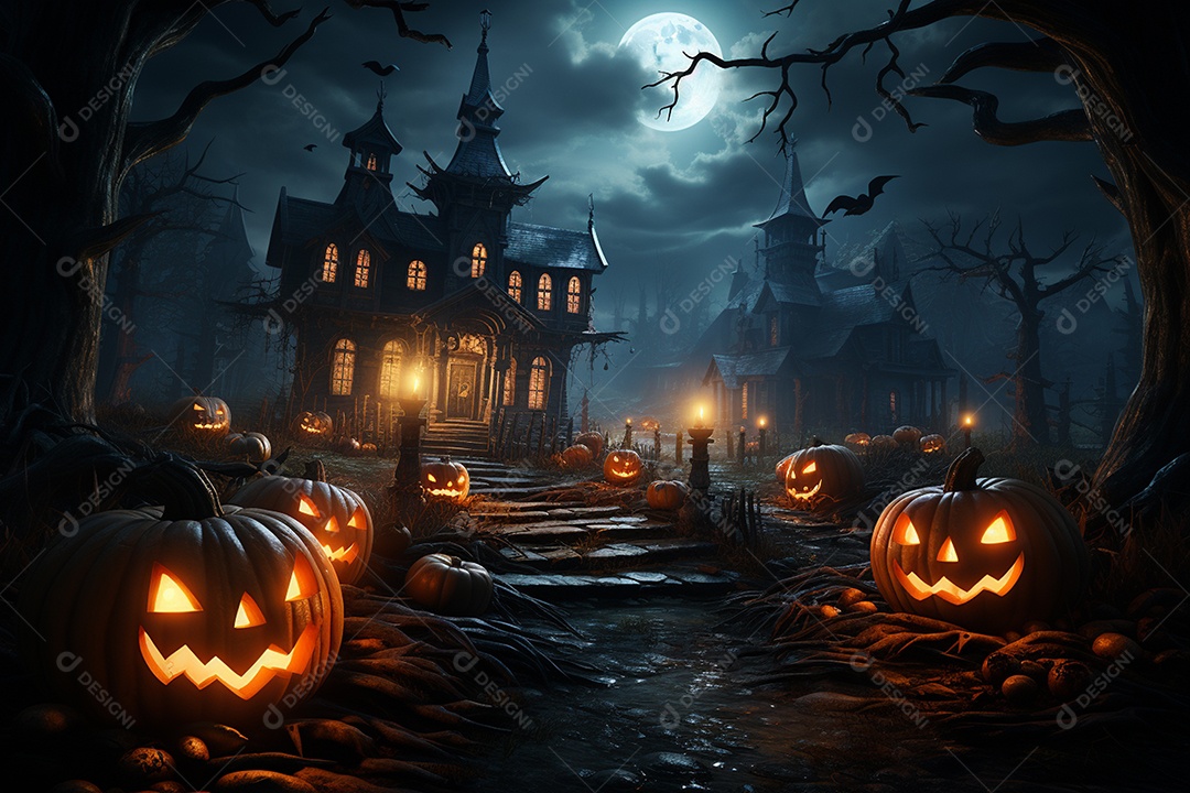 Fundo de Halloween com abóboras e casa assombrada - renderização 3D. Fundo de Halloween com abóbora malvada. Floresta noturna assustadora e assustadora