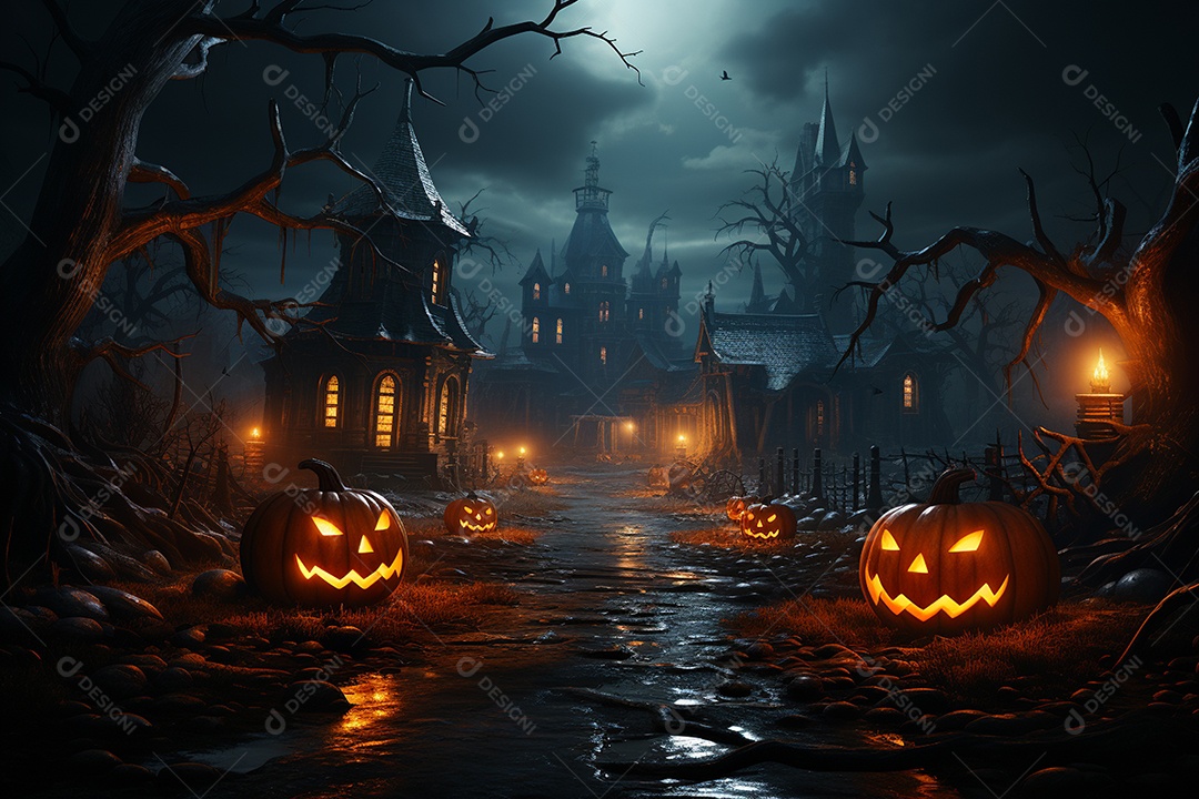 Fundo de Halloween com abóboras e casa assombrada - renderização 3D. Fundo de Halloween com abóbora malvada. Floresta noturna assustadora e assustadora