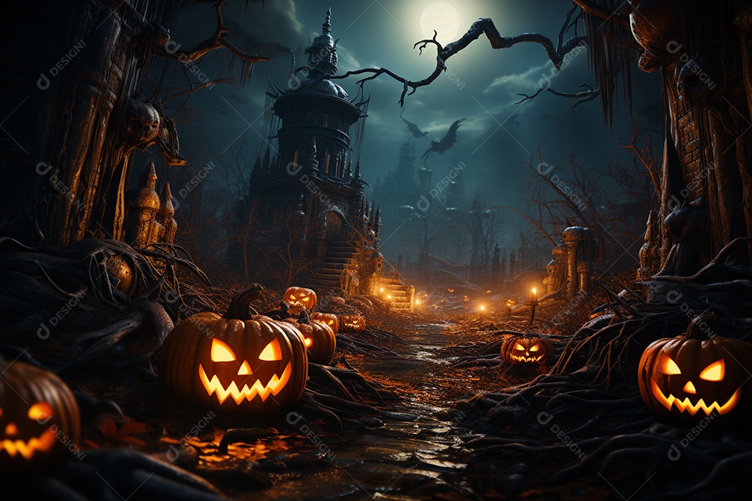 Fundo de Halloween com abóboras e casa assombrada - renderização 3D. Fundo de Halloween com abóbora malvada. Floresta noturna assustadora e assustadora