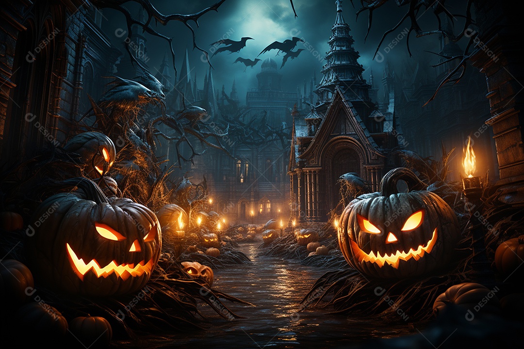Fundo de Halloween com abóboras e casa assombrada - renderização 3D. Fundo de Halloween com abóbora malvada. Floresta noturna assustadora e assustadora