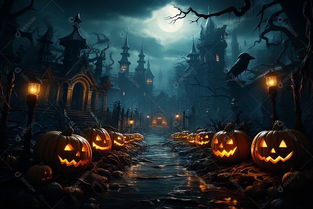 Fundo de Halloween com abóboras e casa assombrada - renderização 3D. Fundo de Halloween com abóbora malvada. Floresta noturna assustadora e assustadora