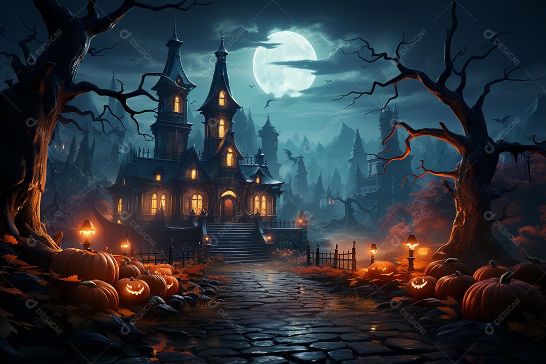 Fundo de Halloween com abóboras e casa assombrada - renderização 3D. Fundo de Halloween com abóbora malvada. Floresta noturna assustadora e assustadora